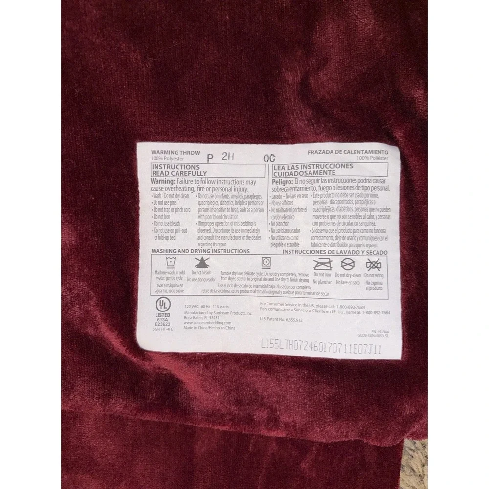 Sunbeam Electric Heated Warming Throw Blanket Burgundy Red Plush 50x60 3-Heat